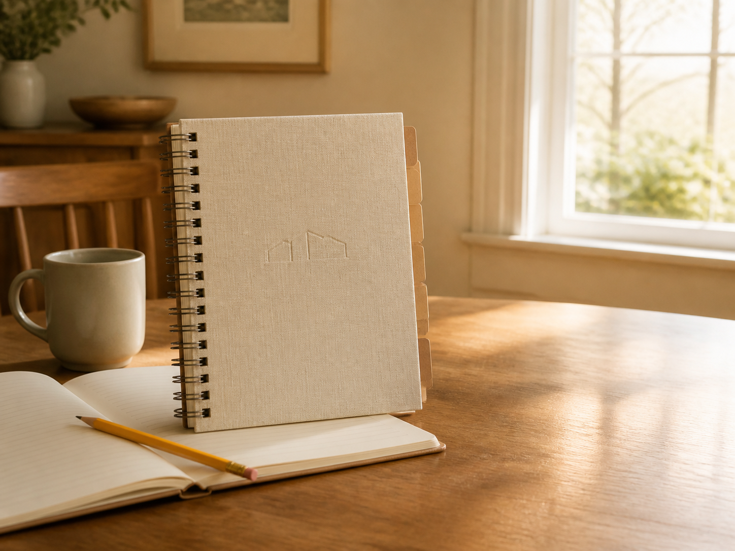 A spiral-bound home record with index tabs on a dining table